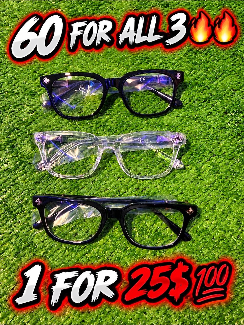 Chrome Heart Glasses gold, silver, and clear. You get all 3 for just 60$